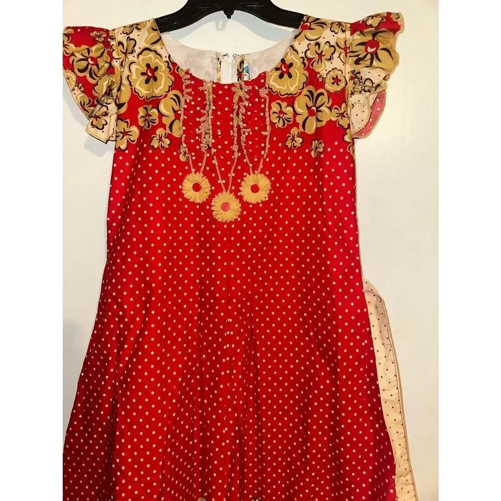 Vintage Timex Dresses Red Polka Dot and Floral Ruffle Trim Dress Medium